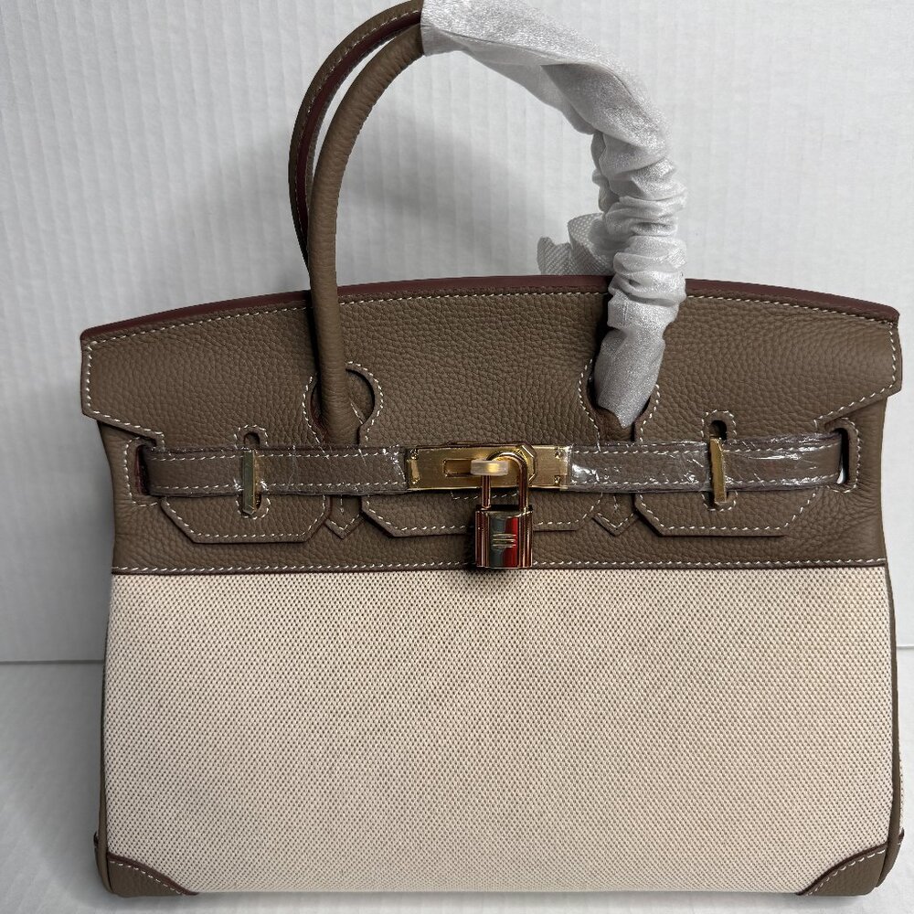 Luxury-Genuine Togo Leather/Canvas Designer Shoulder Bag (Dark Grey)